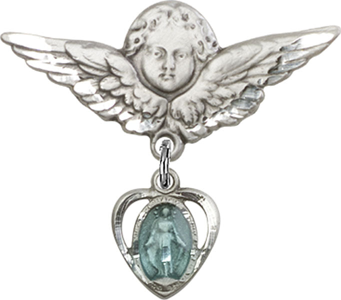 Sterling Silver Baby Badge with Blue Heart/Miraculous Charm and Angel w/Wings Badge Pin