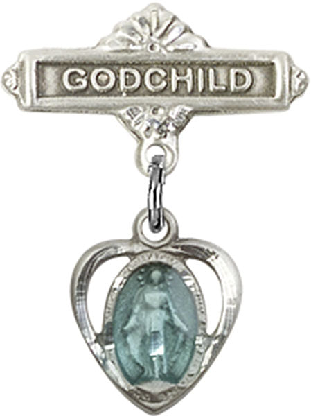 Sterling Silver Baby Badge with Blue Heart/Miraculous Charm and Godchild Badge Pin