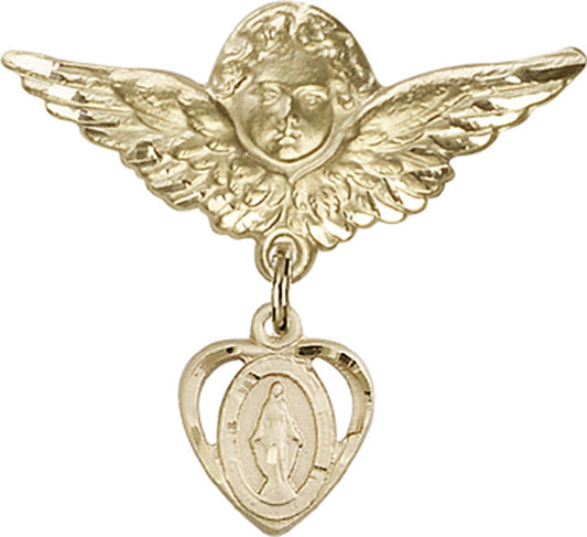 14kt Gold Baby Badge with Miraculous Charm and Angel w/Wings Badge Pin