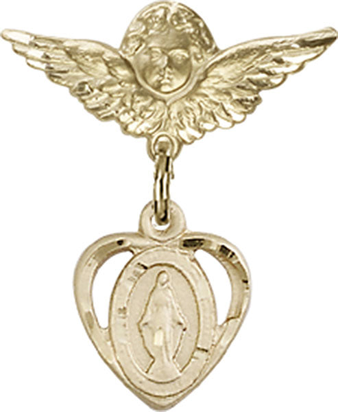 14kt Gold Baby Badge with Miraculous Charm and Angel w/Wings Badge Pin