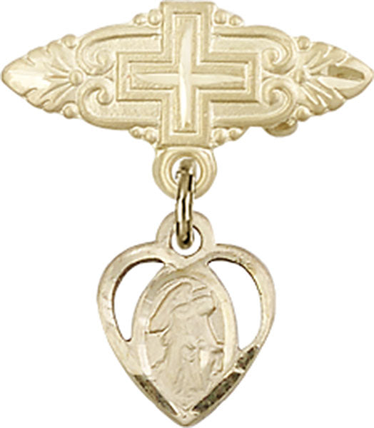 14kt Gold Baby Badge with Guardian Angel Charm and Badge Pin with Cross