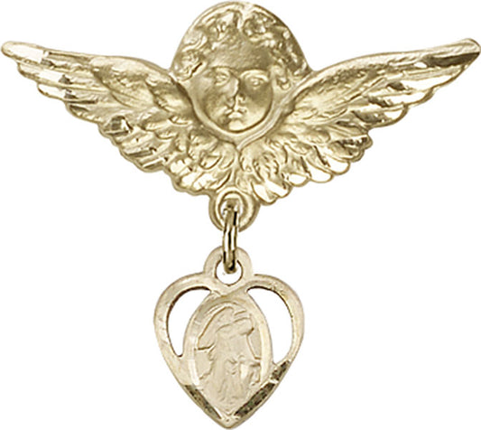 14kt Gold Baby Badge with Guardian Angel Charm and Angel w/Wings Badge Pin