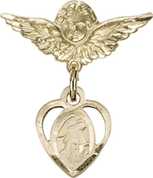 14kt Gold Baby Badge with Guardian Angel Charm and Angel w/Wings Badge Pin