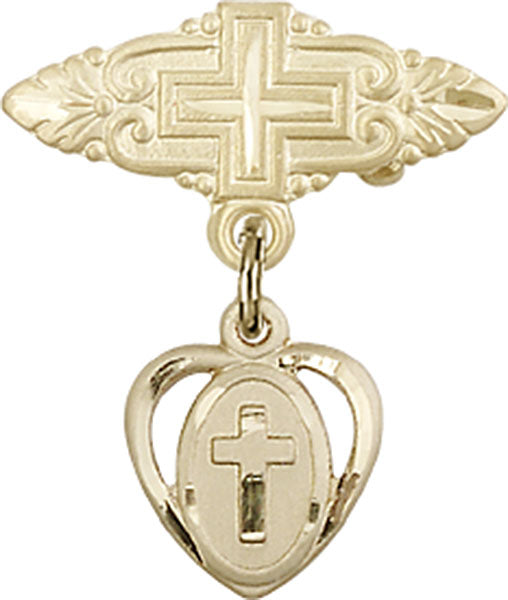 14kt Gold Baby Badge with Cross Charm and Badge Pin with Cross