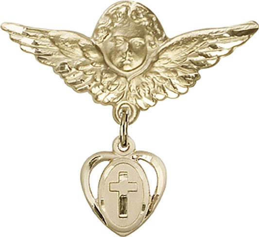 14kt Gold Baby Badge with Cross Charm and Angel w/Wings Badge Pin