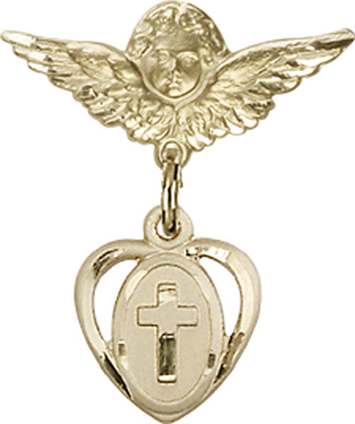 14kt Gold Baby Badge with Cross Charm and Angel w/Wings Badge Pin