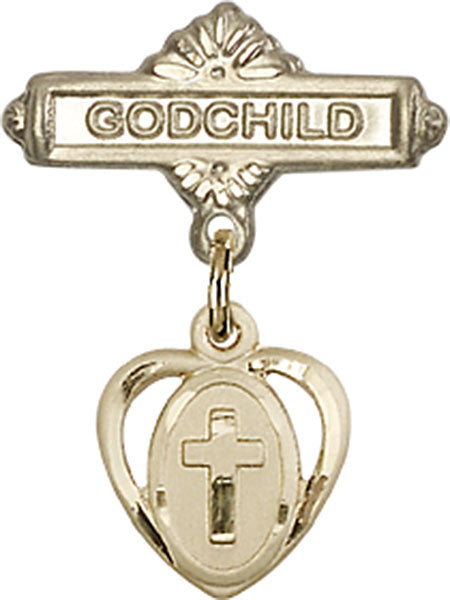 14kt Gold Baby Badge with Cross Charm and Godchild Badge Pin