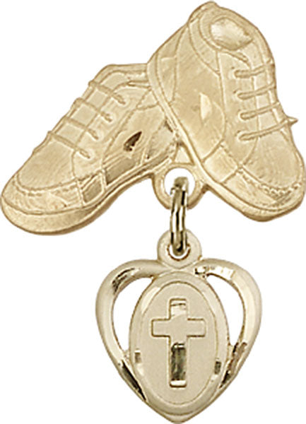 14kt Gold Baby Badge with Cross Charm and Baby Boots Pin