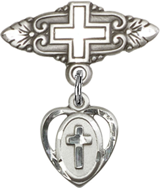 Sterling Silver Baby Badge with Cross Charm and Badge Pin with Cross