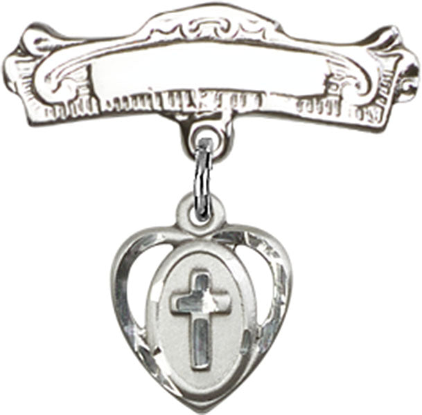 Sterling Silver Baby Badge with Cross Charm and Arched Polished Badge Pin
