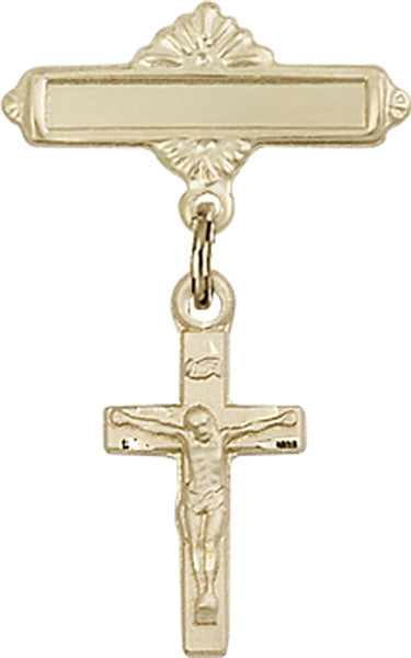 14kt Gold Baby Badge with Crucifix Charm and Polished Badge Pin