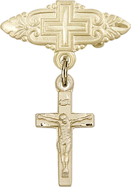 14kt Gold Baby Badge with Crucifix Charm and Badge Pin with Cross