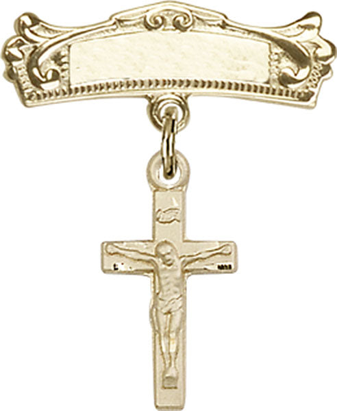 14kt Gold Baby Badge with Crucifix Charm and Arched Polished Badge Pin