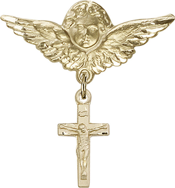 14kt Gold Baby Badge with Crucifix Charm and Angel w/Wings Badge Pin