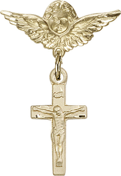 14kt Gold Baby Badge with Crucifix Charm and Angel w/Wings Badge Pin