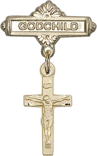 14kt Gold Baby Badge with Crucifix Charm and Godchild Badge Pin