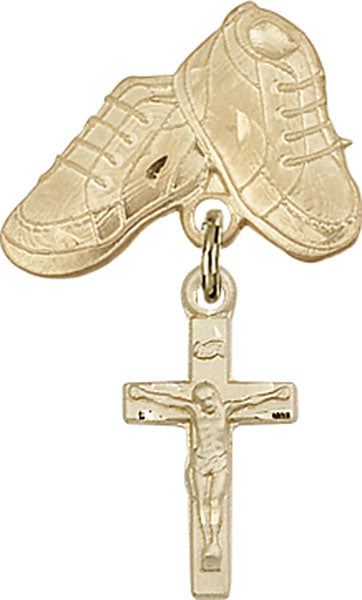 14kt Gold Baby Badge with Crucifix Charm and Baby Boots Pin