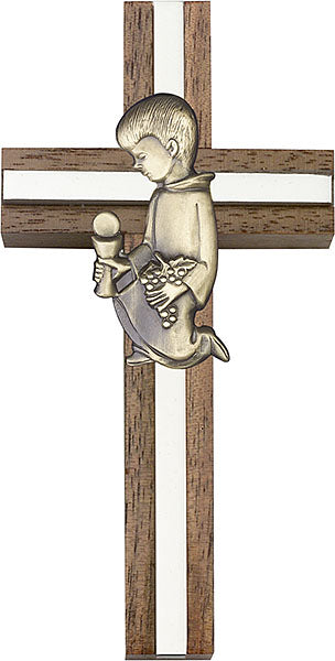 4 inch Communion Boy Cross, Walnut w/ Antique Gold inlay