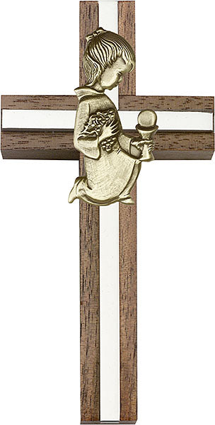 4 inch Communion Girl Cross, Walnut w/ Antique Gold inlay