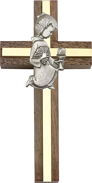 4 inch Communion Girl Cross, Walnut w/ Antique Silver inlay
