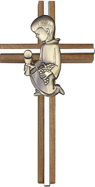 6 inch Communion Boy Cross, Walnut w/ Antique Gold inlay