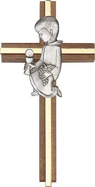 6 inch Communion Boy Cross, Walnut w/ Antique Silver inlay