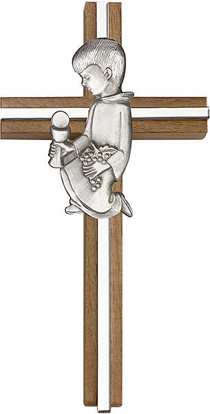 6 inch Communion Boy Cross, Walnut w/ Antique Silver inlay