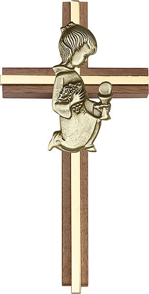 6 inch Communion Girl Cross, Walnut w/ Antique Gold inlay