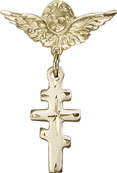 14kt Gold Filled Baby Badge with Greek Orthadox Cross Charm and Angel w/Wings Badge Pin
