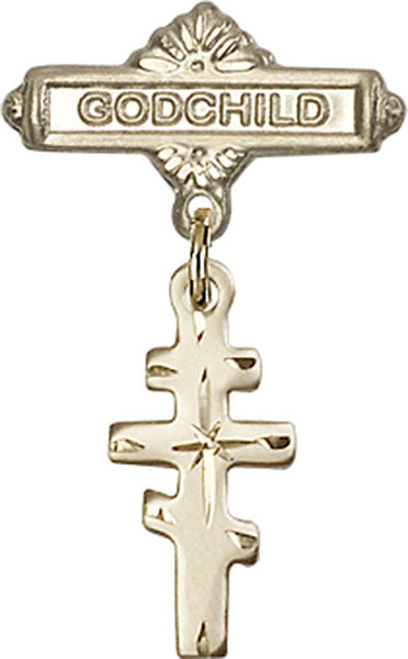 14kt Gold Filled Baby Badge with Greek Orthadox Cross Charm and Godchild Badge Pin