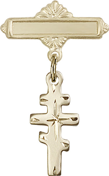 14kt Gold Baby Badge with Greek Orthadox Cross Charm and Polished Badge Pin