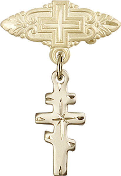 14kt Gold Baby Badge with Greek Orthadox Cross Charm and Badge Pin with Cross