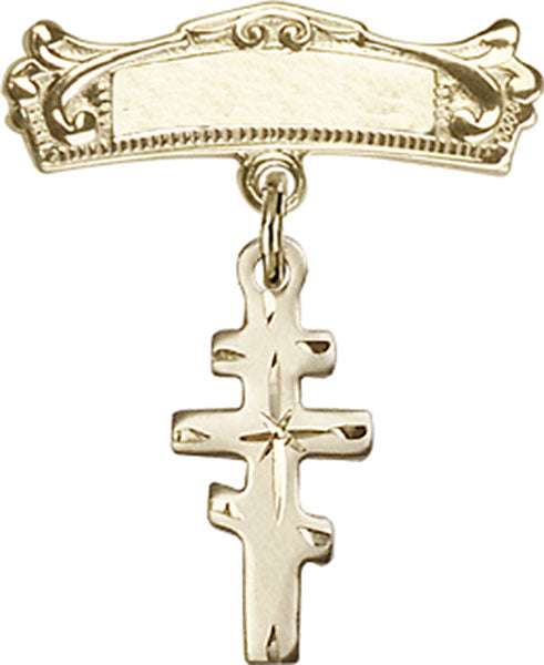 14kt Gold Baby Badge with Greek Orthadox Cross Charm and Arched Polished Badge Pin