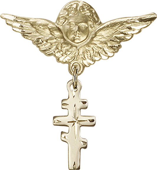 14kt Gold Baby Badge with Greek Orthadox Cross Charm and Angel w/Wings Badge Pin