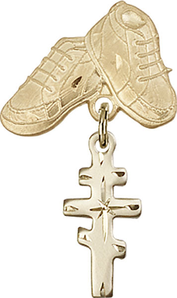 14kt Gold Baby Badge with Greek Orthadox Cross Charm and Baby Boots Pin