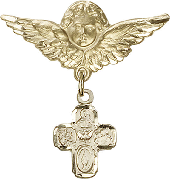 14kt Gold Baby Badge with 4-Way Charm and Angel w/Wings Badge Pin