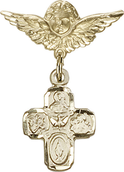 14kt Gold Baby Badge with 4-Way Charm and Angel w/Wings Badge Pin
