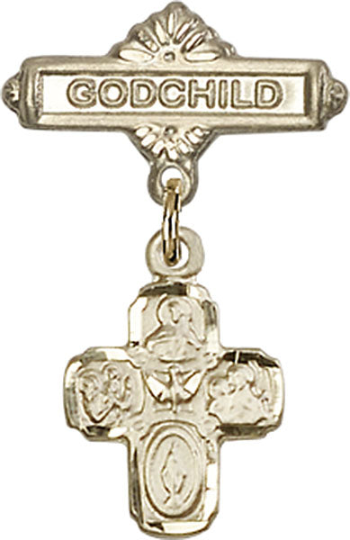 14kt Gold Baby Badge with 4-Way Charm and Godchild Badge Pin