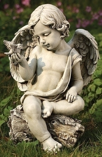 Cherub with Bird Garden Statue 12"