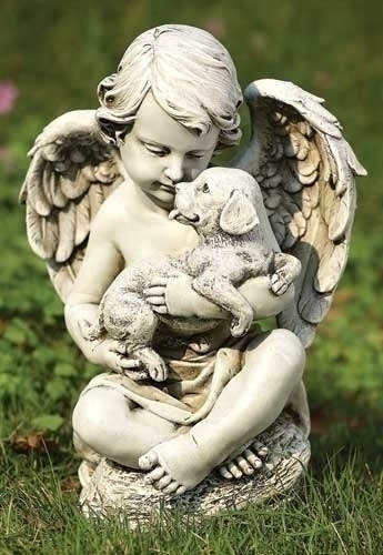 Cherub with Puppy Garden Statue 12"