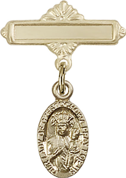 14kt Gold Filled Baby Badge with O/L of Czestochowa Charm and Polished Badge Pin