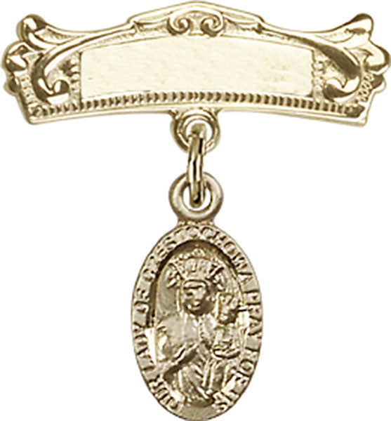 14kt Gold Filled Baby Badge with O/L of Czestochowa Charm and Arched Polished Badge Pin