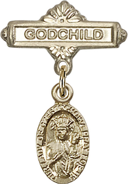 14kt Gold Filled Baby Badge with O/L of Czestochowa Charm and Godchild Badge Pin