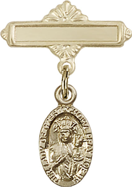 14kt Gold Baby Badge with O/L of Czestochowa Charm and Polished Badge Pin