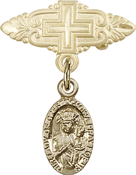 14kt Gold Baby Badge with O/L of Czestochowa Charm and Badge Pin with Cross