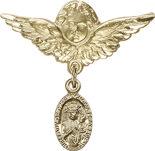 14kt Gold Baby Badge with O/L of Czestochowa Charm and Angel w/Wings Badge Pin