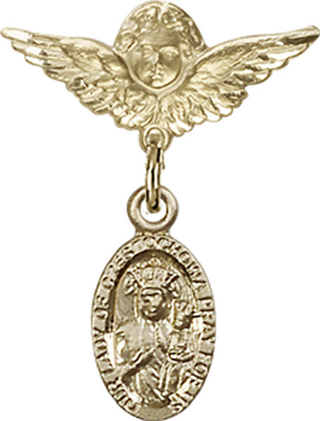 14kt Gold Baby Badge with O/L of Czestochowa Charm and Angel w/Wings Badge Pin