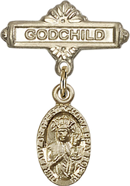 14kt Gold Baby Badge with O/L of Czestochowa Charm and Godchild Badge Pin