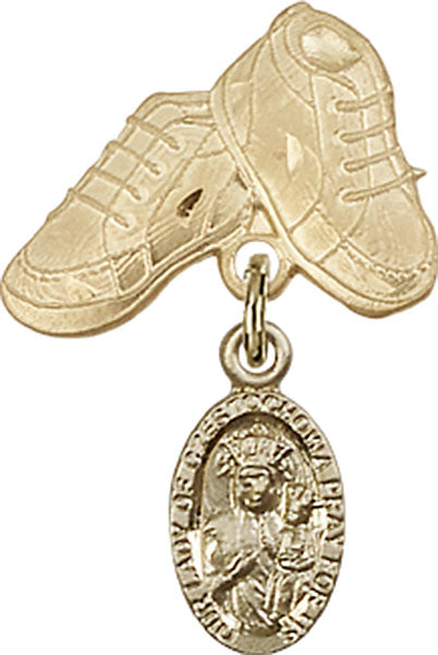 14kt Gold Baby Badge with O/L of Czestochowa Charm and Baby Boots Pin