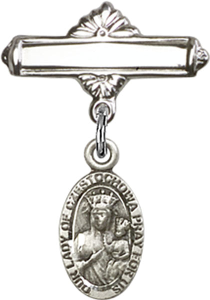 Sterling Silver Baby Badge with O/L of Czestochowa Charm and Polished Badge Pin